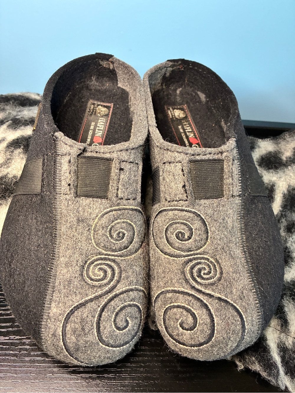 Haflinger Gray Felt Slip-On Loafers with Swirl Embroidery